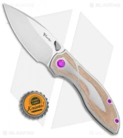 Reate Knives Reate Iron Frame Lock Knife W/ Thumb Stud Brown Micarta/Purple HW (3.25" Satin) -Reate Knives Reate Iron FL Thumb Stud Brown Micarta Purple Satin BHQ 111151 jr bottlecap