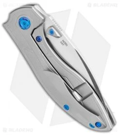 Reate Knives Reate Iron Frame Lock Knife W/ Thumb Stud Green Micarta/Blue Screws(3.25" Satin) -Reate Knives Reate Iron FL Thumb Stud Green Micarta Blue Satin BHQ 111206 jr side