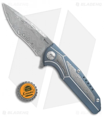 Reate Knives Reate K-4 Frame Lock Flipper Knife Blue Ti/Damascus (3.75" Damasteel) 6 Reate Knives Reate K-4 Frame Lock Flipper Knife Blue Ti/Damascus (3.75" Damasteel) - Image 4
