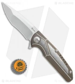 Reate Knives Reate K-4 Frame Lock Flipper Knife Bronze Ti/Damascus (3.75" Satin) -Reate Knives Reate K4 bronze ti damascus satin BHQ 76632 er bottlecap