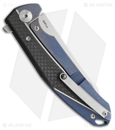 Reate Knives Reate K-1 Frame Lock Flipper Knife Carbon Fiber/Blue Ti (3.8" RWL34 Stonewash) 4 Reate Knives Reate K-1 Frame Lock Flipper Knife Carbon Fiber/Blue Ti (3.8" RWL34 Stonewash) - Image 2